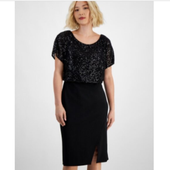 Connected Petite Sequin Boat-Neck Dolman-Sleeve Dress - Black - Picture 3 of 4